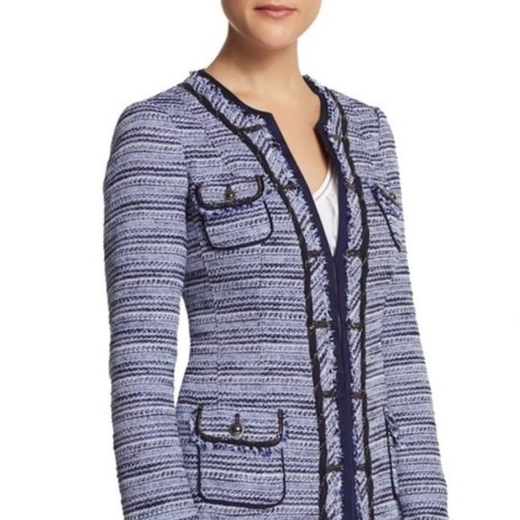 WHBM Blue Tweed Fringe Chain Embellished Blazer Jacket - Picture 2 of 8